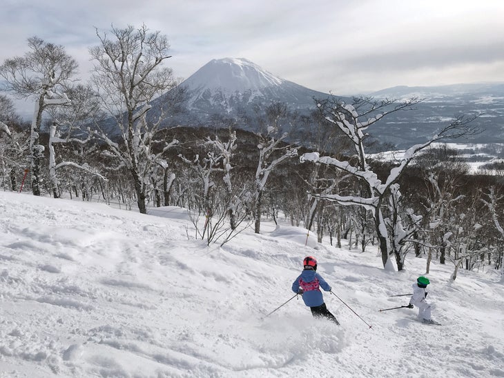 SNW70-Jackson3-coKitDeslauriers copy Two children skiing between trees on a ski slope in Japan