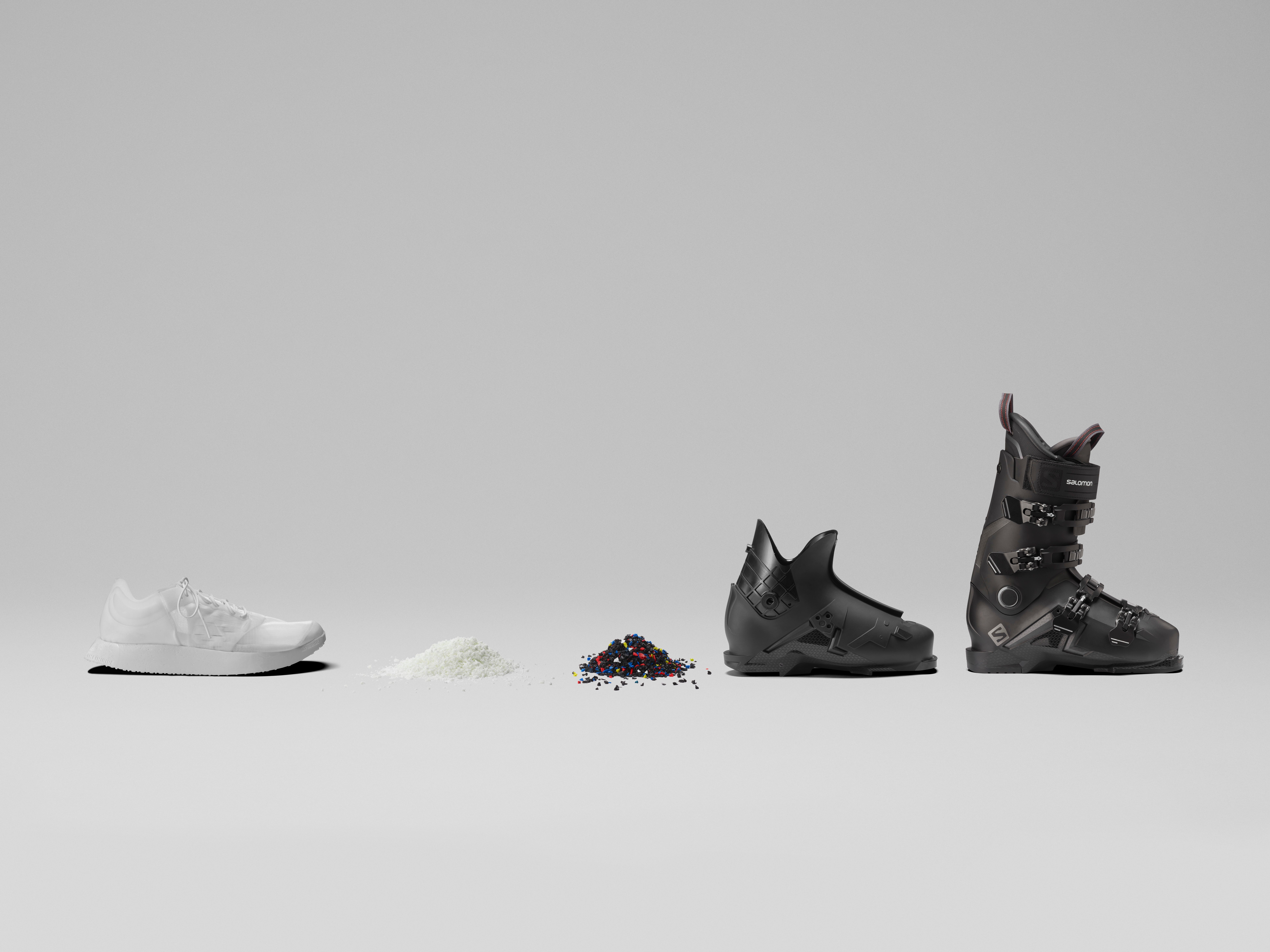 "Salomon unveils new Concept Shoe, a high performing running shoe that can be recycled and reused int he production of Salomon ski boot shells."