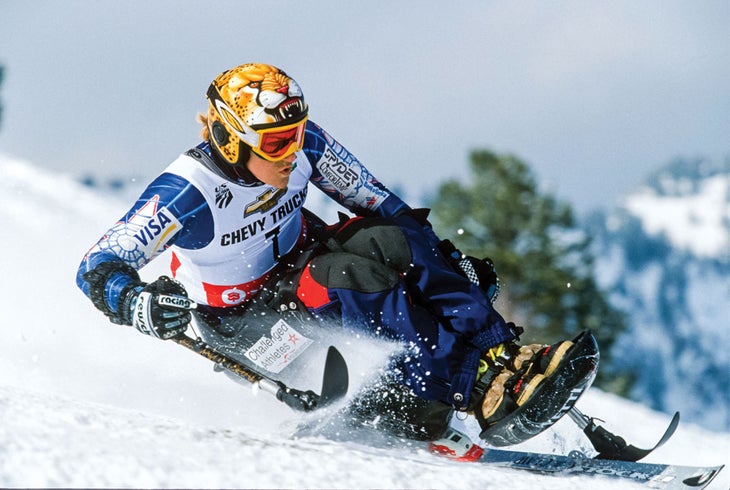 SKI1119-PRO2-MuffyDavis copy Muffy Davis skiing down slope on a monoski