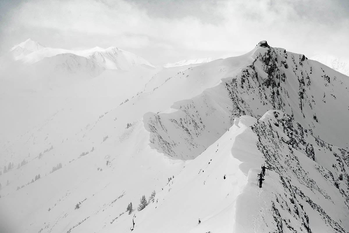 "Founding members of the Freaks, Sam Coffey, Wiley Maple, and Baker Boyd, hike Aspen's Highland Ridge on their way out to Tonar Bowl in April 2019."