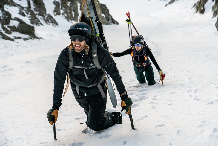 Climbing_4_@bjarnesalen-7262 Cody Townsend and Elyse Saugstad climbing to the peak of The Sickle.
