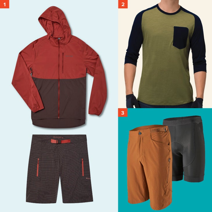03-ski-fathers-day-2020-mtb Flylow Davis Jacket and Goodson Short, Norrøna Skibotn 3/4 Wool Shirt, and Patagonia Dirt Craft Bike Shorts