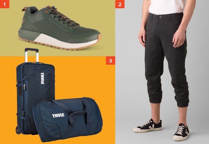 14-ski-fathers-day-2020-travel Forsake Cascade Vegan Sneaker, PrAna Hybridized Jogger, and Thule SubTerra Wheeled Duffel