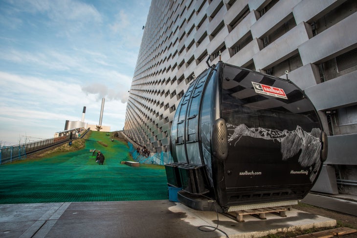 _O5A6268 Saalbach gondola at the base of Copenhill dry slope in Copenhagen, Denmark.