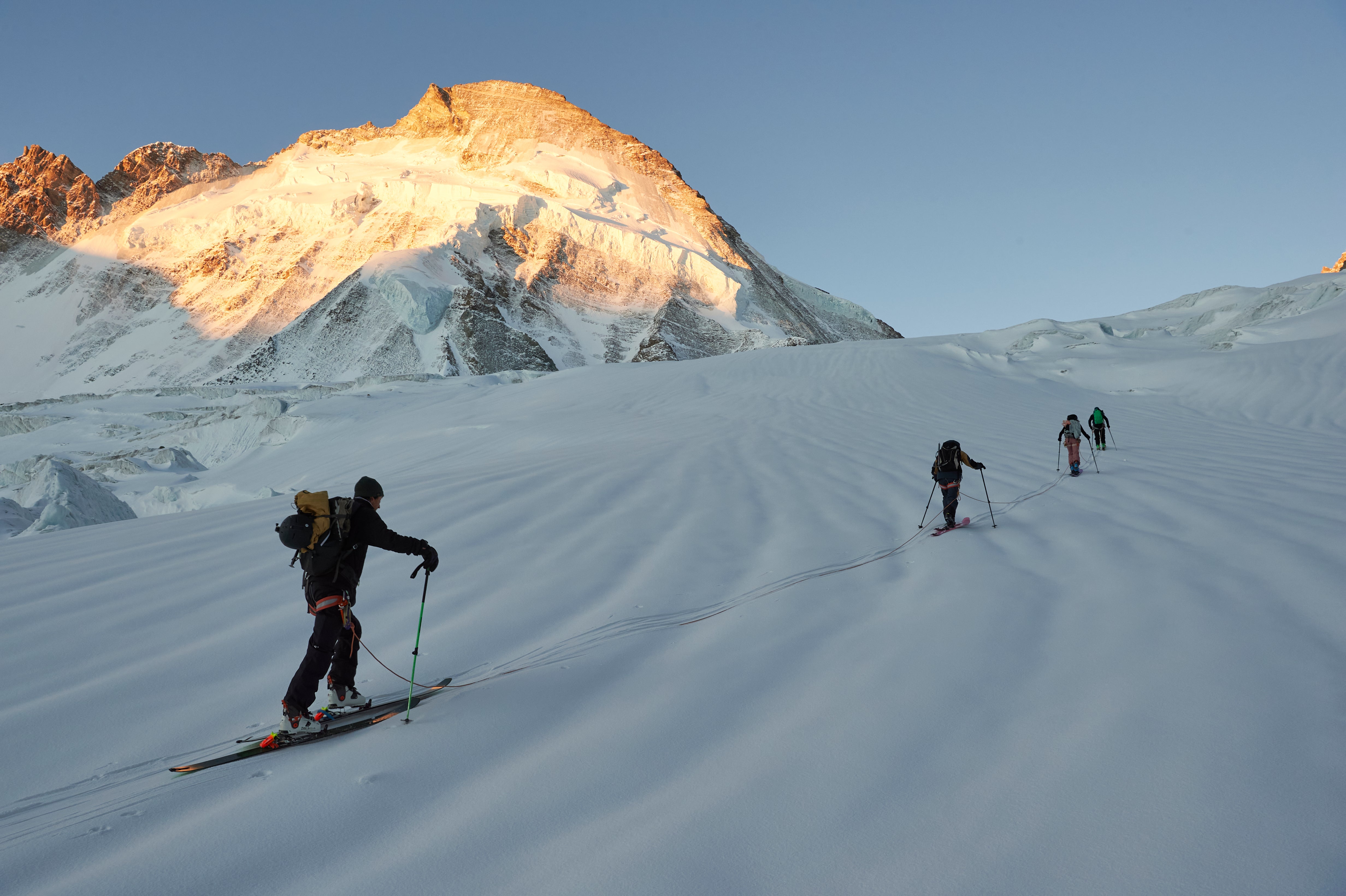 "Zermatt to Verbier, four skiers on the highest traverse in the Swiss Alps."