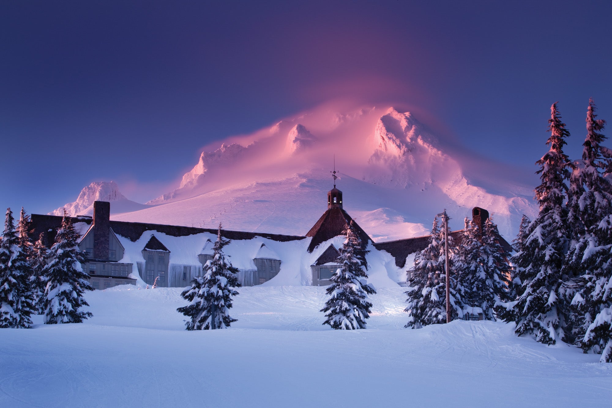 "Timberline Lodge in snow"
