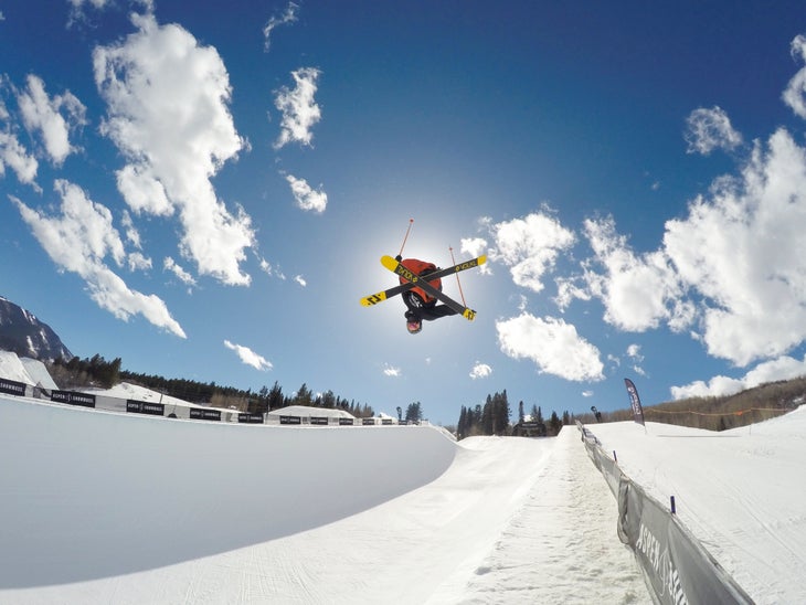 Photo of skier airing out of a halfpipe at Buttermilk terrain park