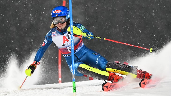 Mikaela Shiffrin bashes a slalom gate