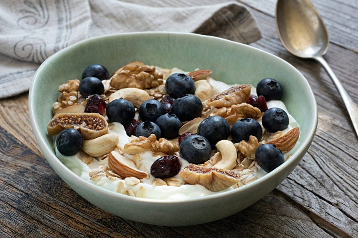 Oatmeal with fruit, nuts, yogurt