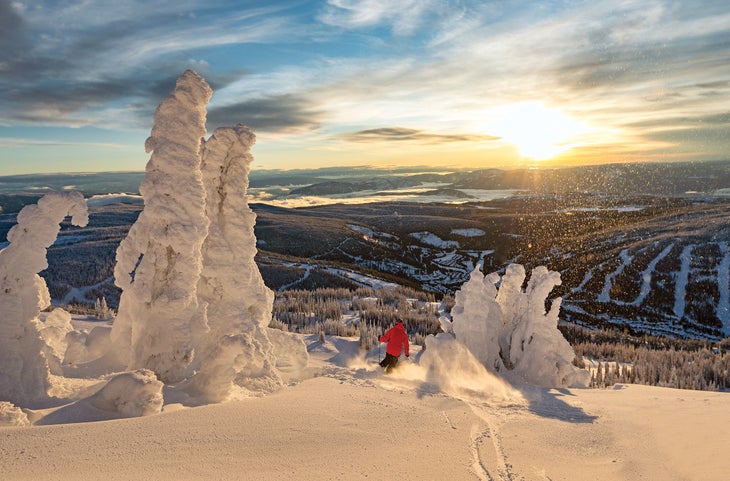 Skiing Sun Peaks at sunset