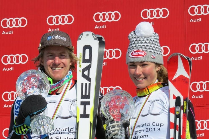 Ted Ligety and Mikaela Shiffrin pose with their World Cup Crystal Globes