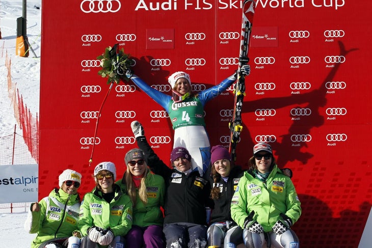 Alice McKennis celebrates her downhill victory at the 2013 St. Anton World Cup