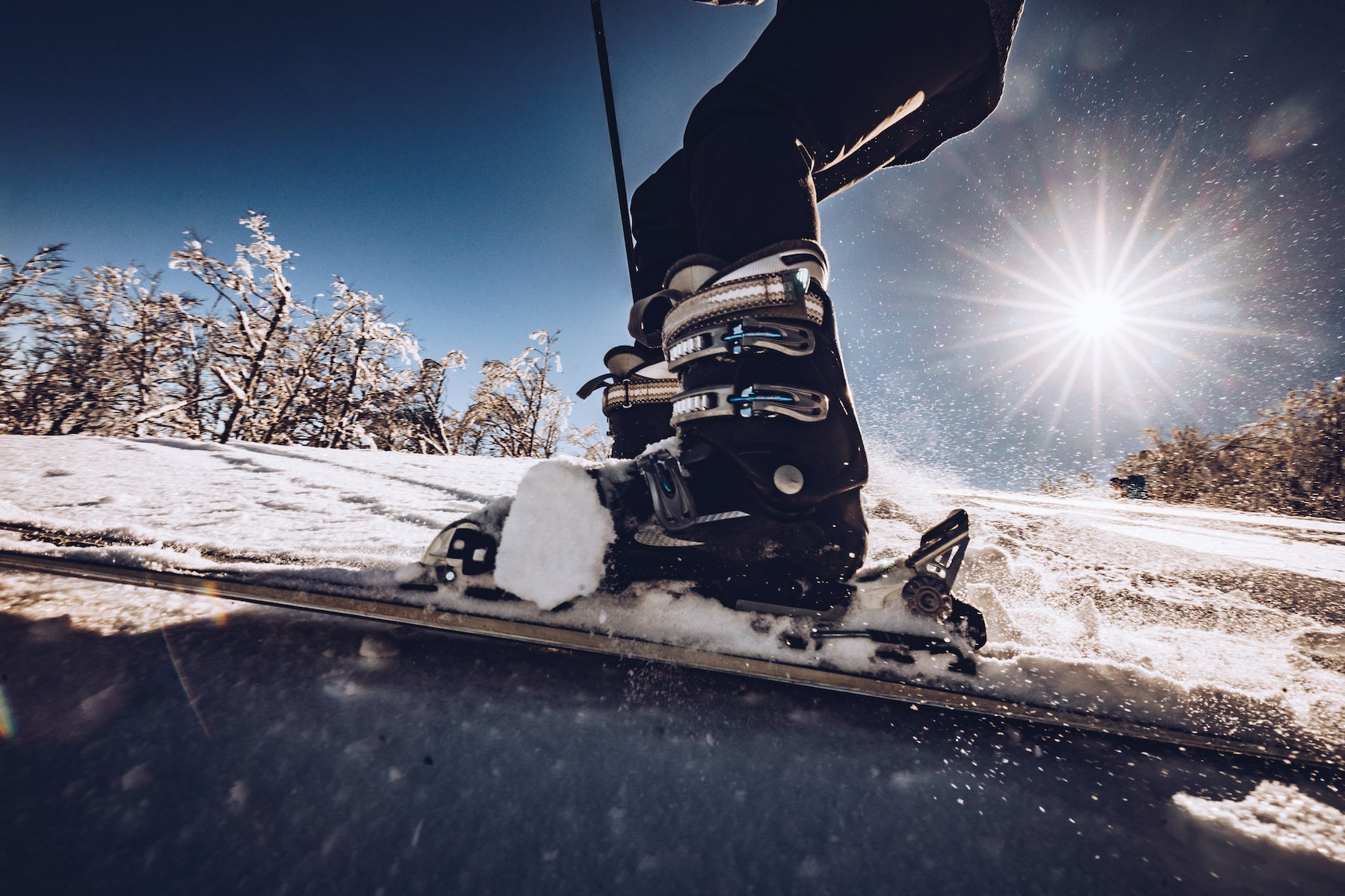 Close-up shot of ski boots on skis