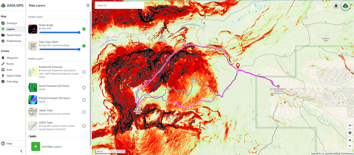Planned and completed route of the Silver Couloir on Gaia GPS