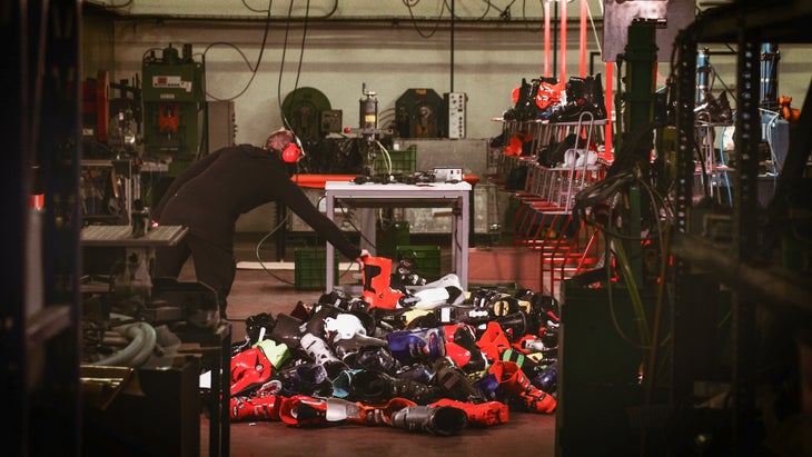 A pile of recycled ski boots