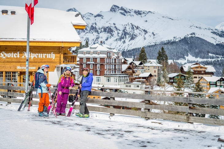 Amie Engerbretson, McKenna Peterson, and their guide in Murren, Switzerland