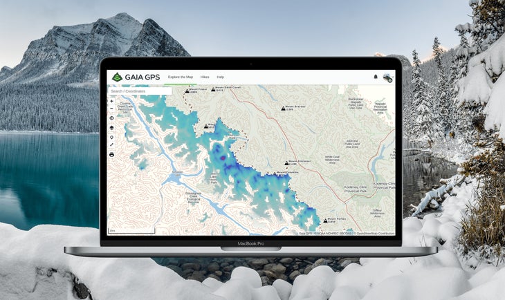 Computer screen showing Gaia GPS Snow Depth.