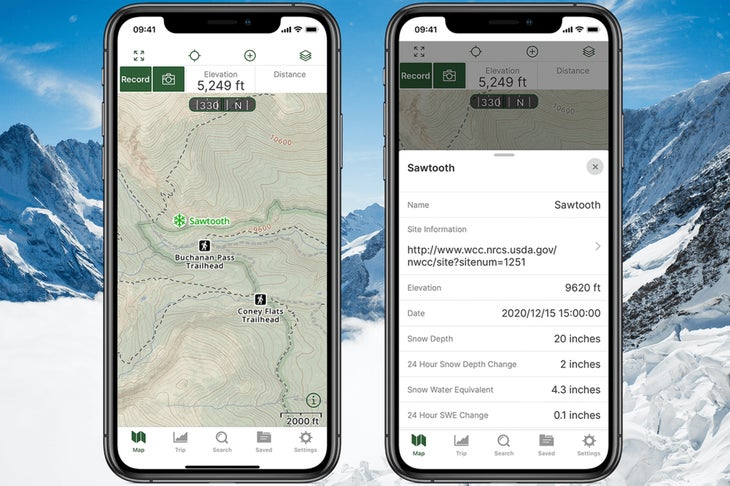 Smartphone screen showing Gaia GPS Snow Stations.