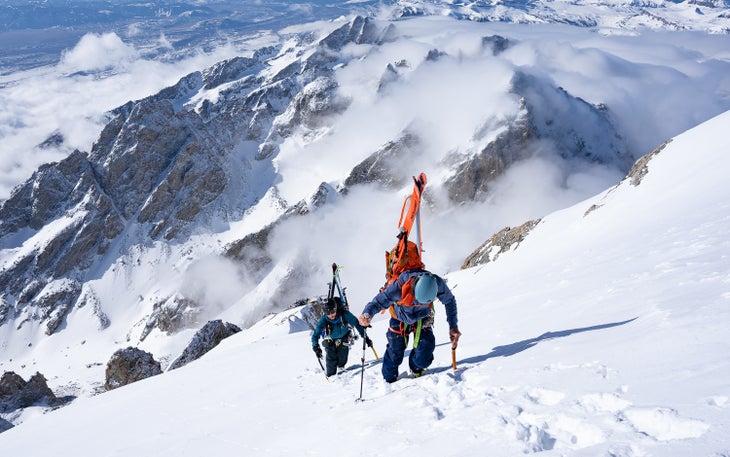 Guide and Santi Vega climb the final pitch of the Grand Teton