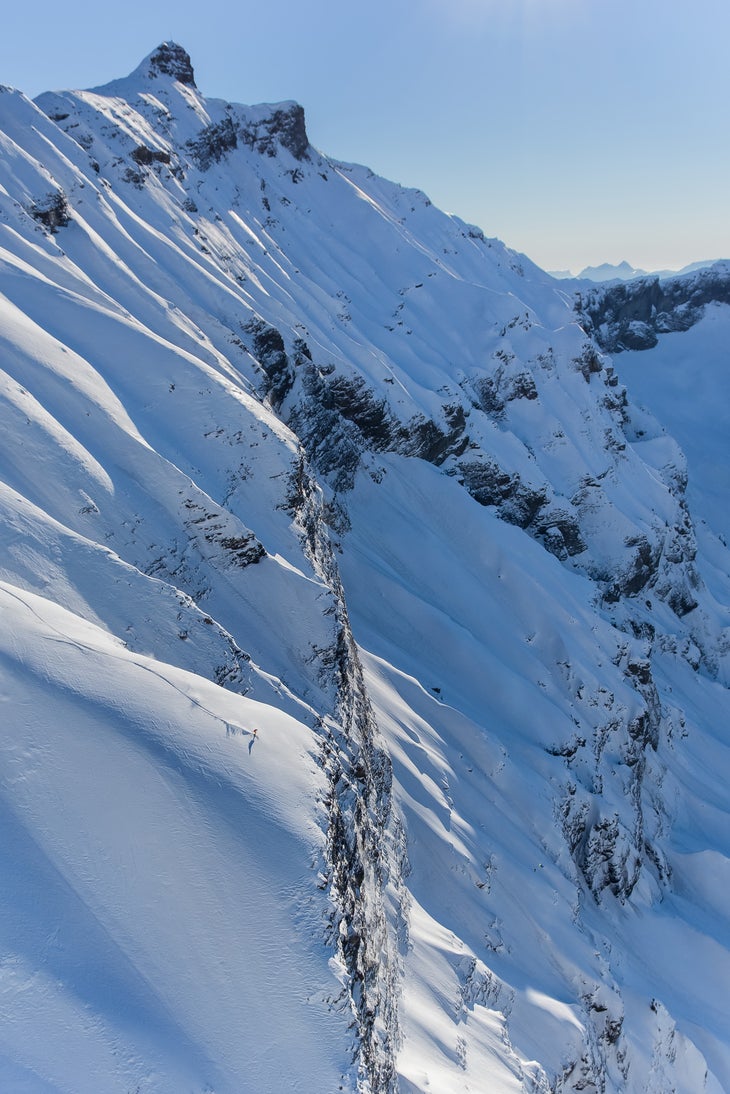 Matthias Giraurd lines up a ski BASE jump.