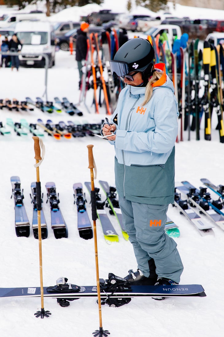 Ski tester fills out review score card