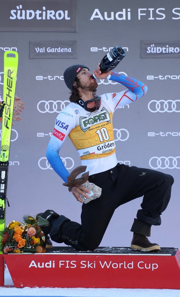 Bryce Bennett celebrates his first World Cup victory Val Gardena, Italy