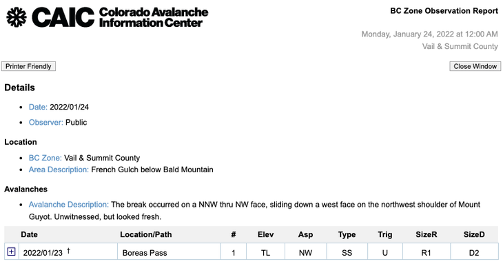 CAIC Example Avalanche Observation Report