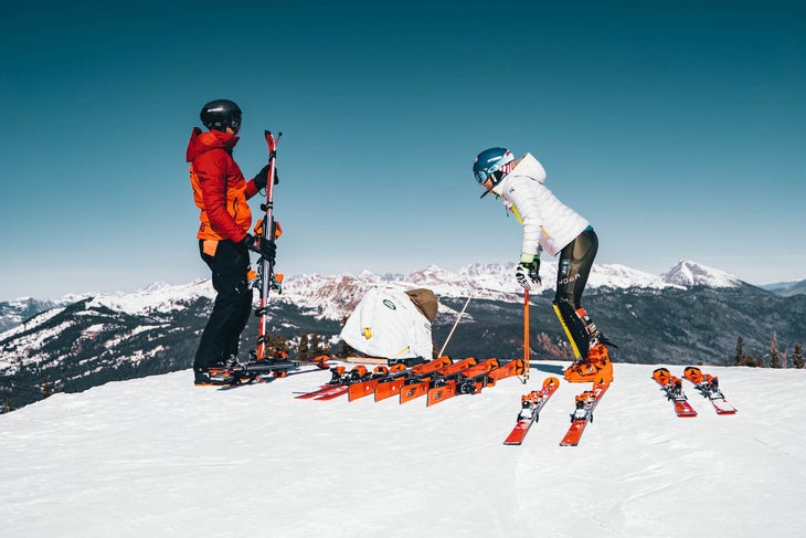 Mikaela Shiffrin with ski technician Johann Strobl training at Copper Mountain, Colo. 