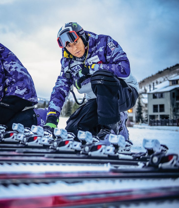 World Cup ski technician prepares alpine skis for training