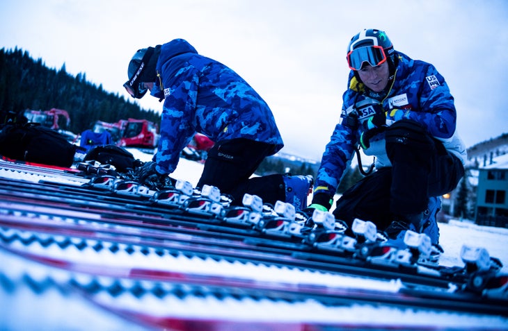 U.S. Ski Team technicians prepare skis for training