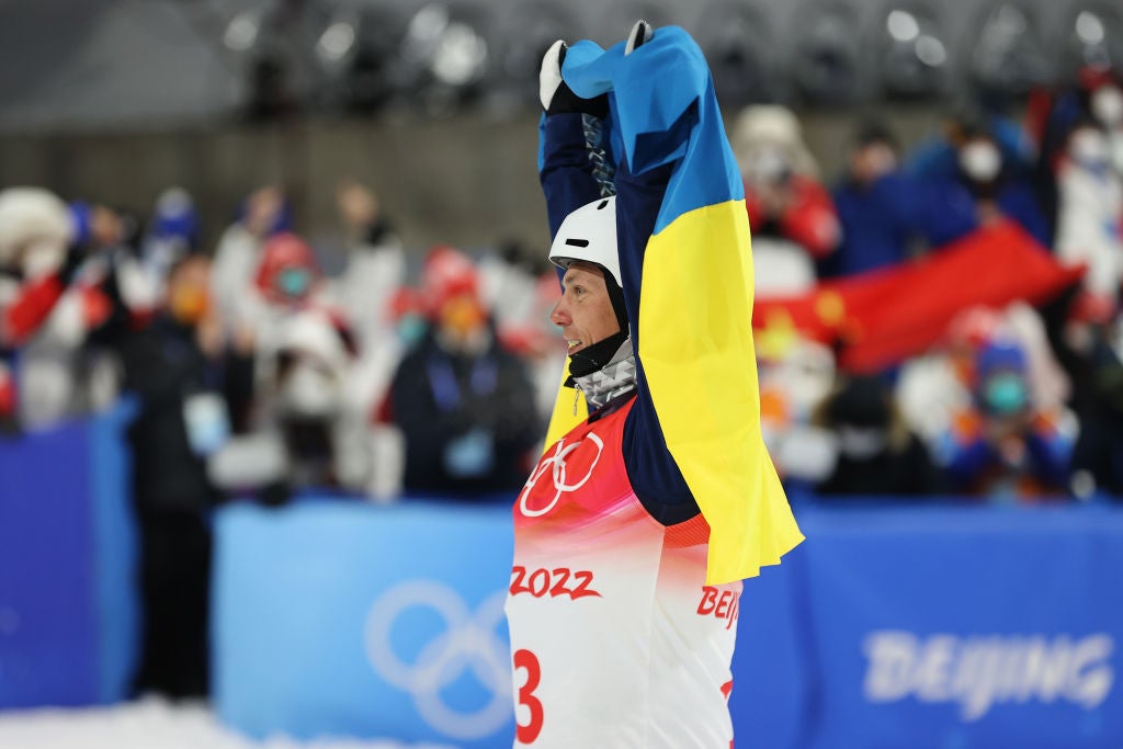 Oleksandr Abramenko of Team Ukraine celebrates after winning the silver medal during the Men's Freestyle Skiing Aerials Final in China.