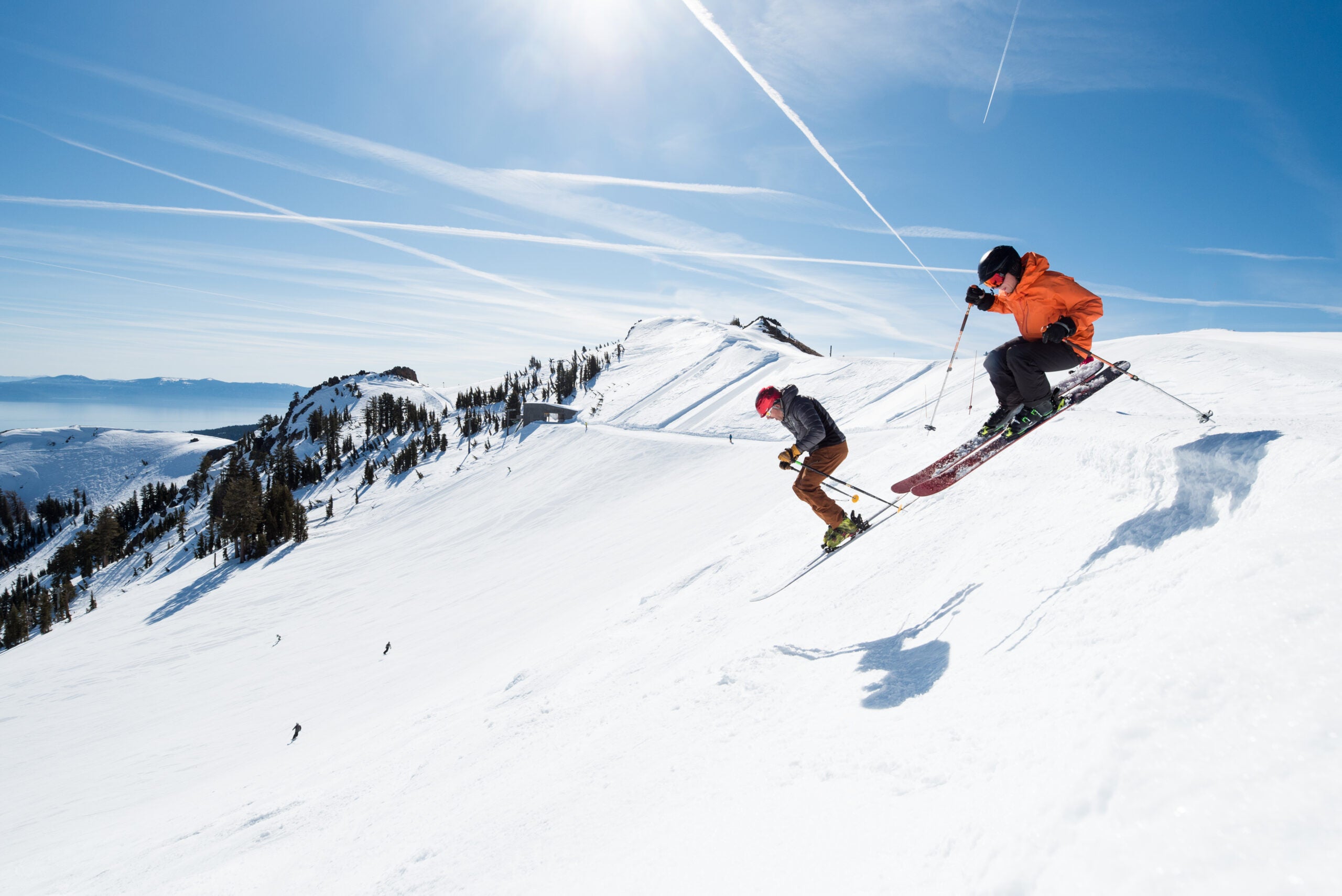 Skiers play and rip lines in Truckee, California mountains