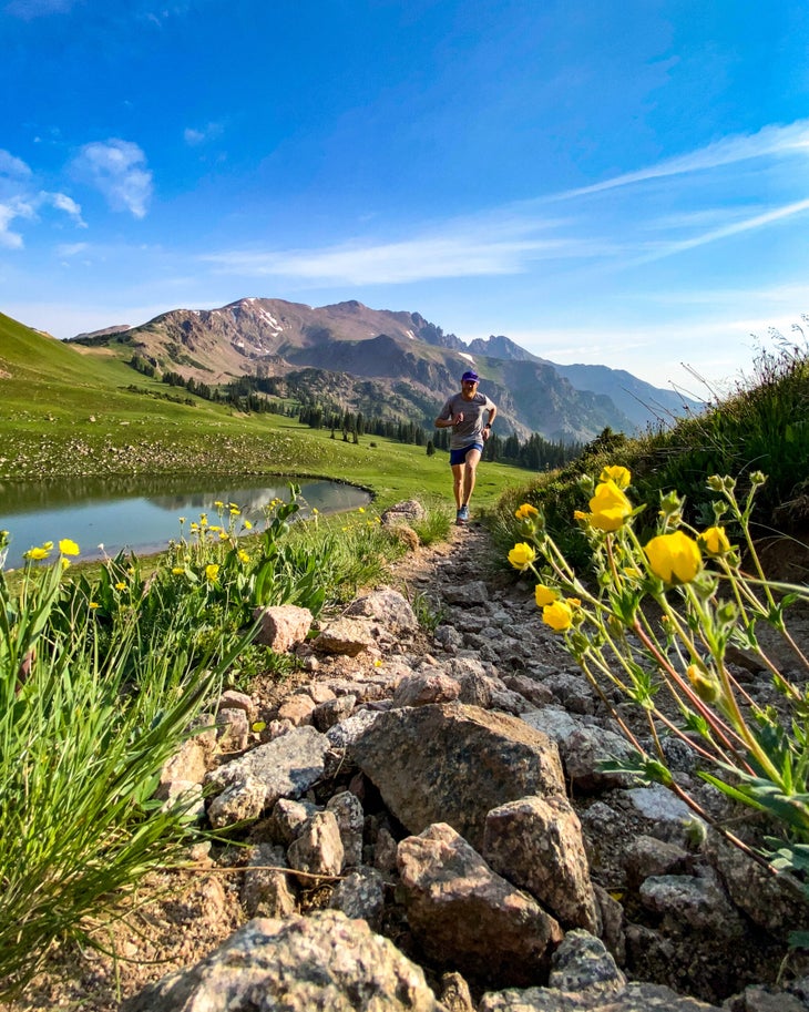 Pro skier Drew Petersen runs in the mountains