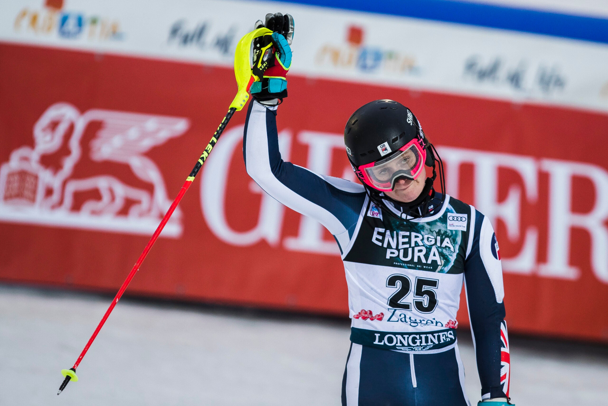 ZAGREB, CROATIA - JANUARY 04: Charlie Guest of Great Britain celebrates after the second race during the Audi FIS Ski World Cup Snow Queen Trophy Women's Slalom at Sljeme on January 04, 2022 in Zagreb, Croatia. (Photo by Nikola Krstic/MB Media/Getty Images)