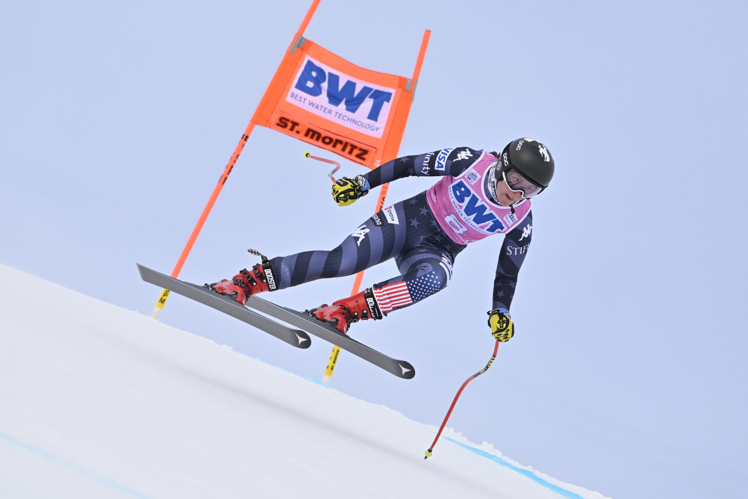 ST MORITZ, SWITZERLAND - DECEMBER 14: Breezy Johnson of Team United States in action during the Audi FIS Alpine Ski World Cup Women's Downhill Training on December 14, 2022 in St Moritz, Switzerland. (Photo by Alain Grosclaude/Agence Zoom/Getty Images)