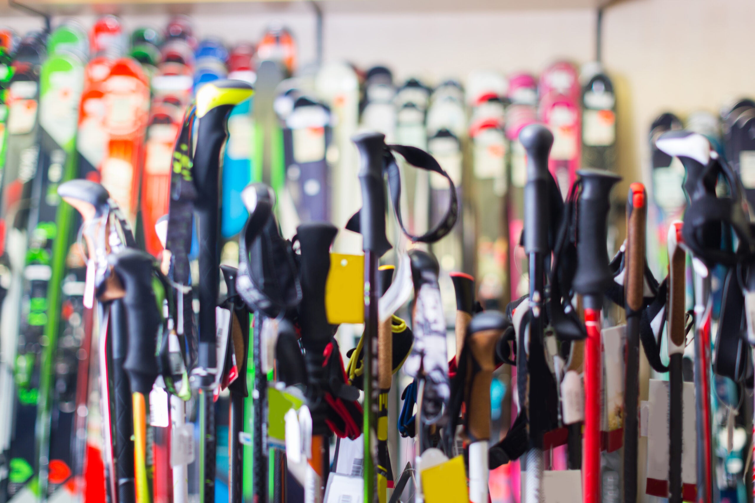 Image of modern skis in sport store indoor