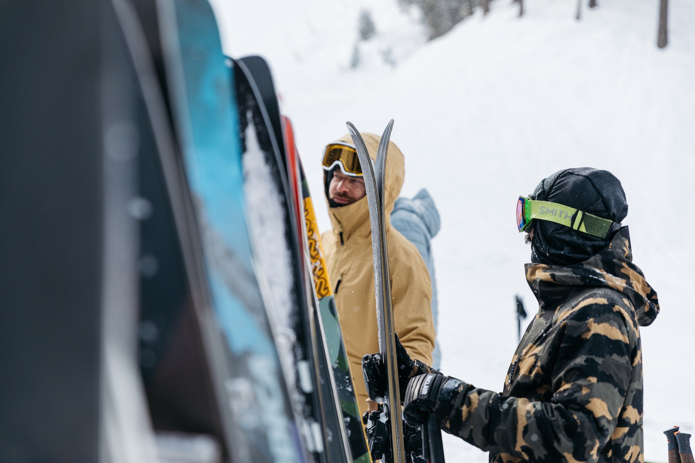 Closeup of skis on rack for testing
