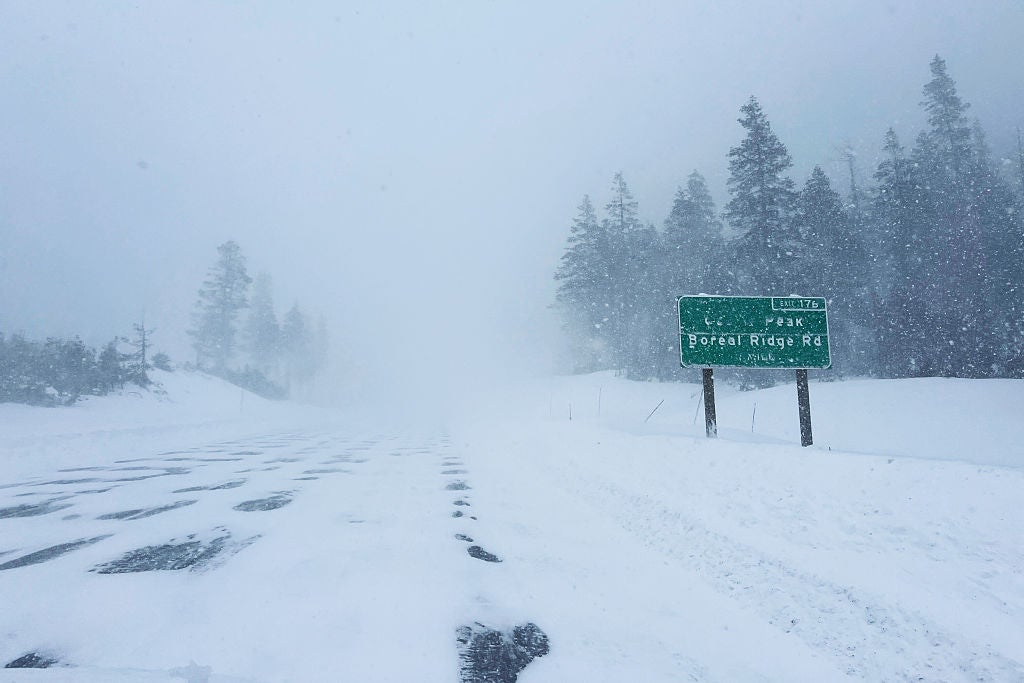 Snow-covered Interstate 80 near Donner Summit following the Feb. 17 Castle Peak avalanche outside Truckee, California, as search and recovery efforts continued under severe winter storm conditions.