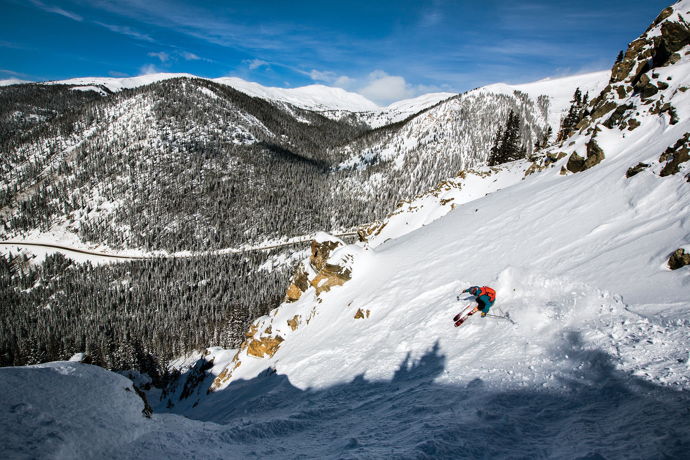 Doug Evans drops into the Steep Gullies, Arapahoe Basin, Colo.