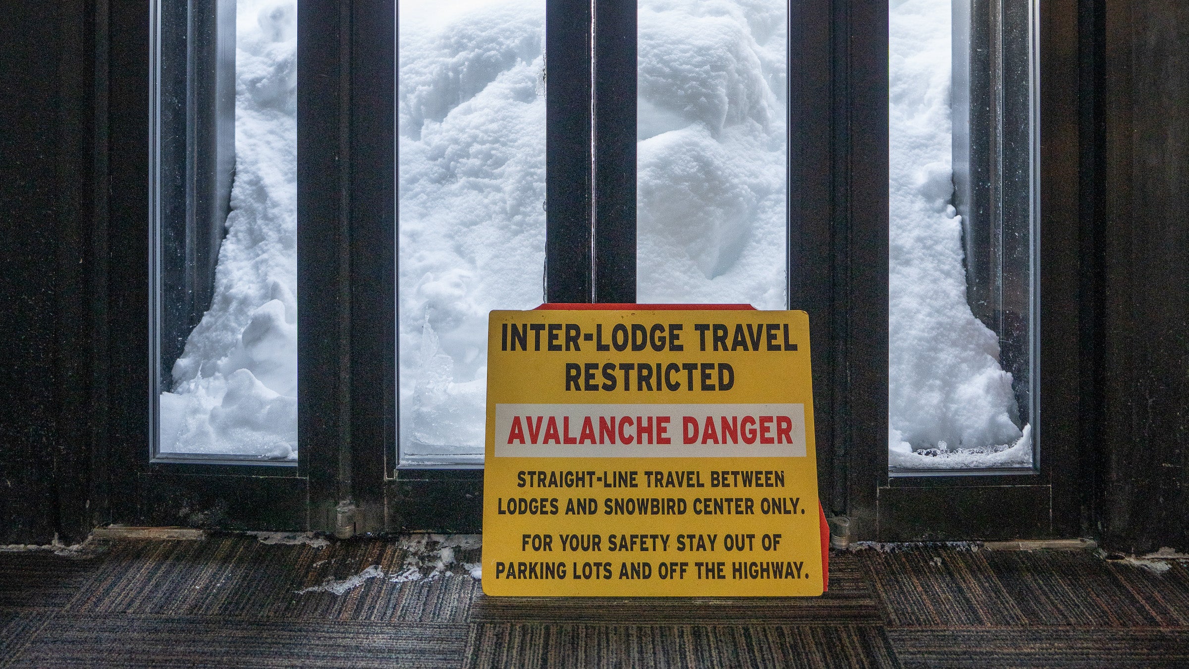 Avalanche sign inside the doors of Snowbird Ski Resort